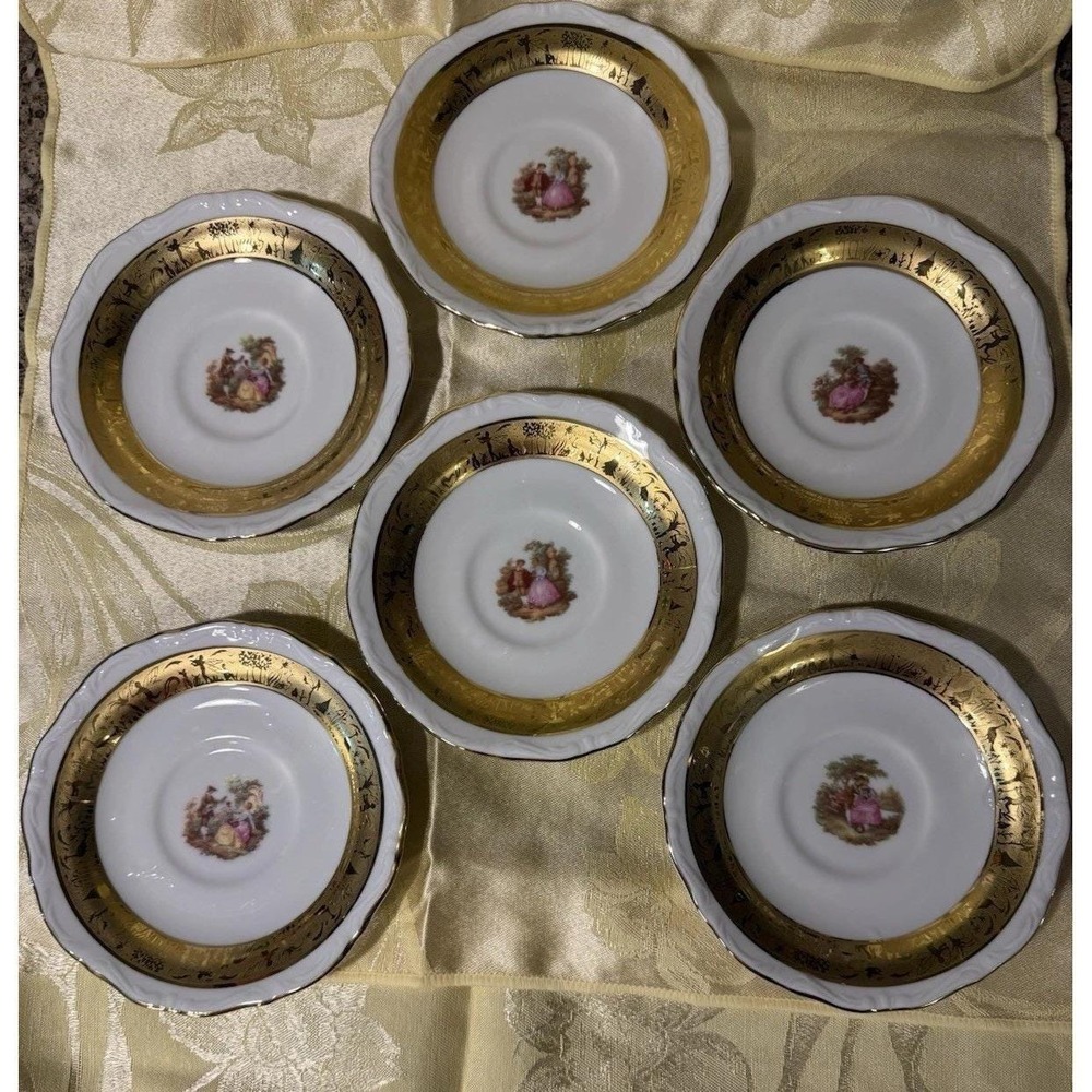 NEW Set of 6 Vizavi T Limoges Tea Saucers Oro Fragonard Gold Italy 5.75" Italy